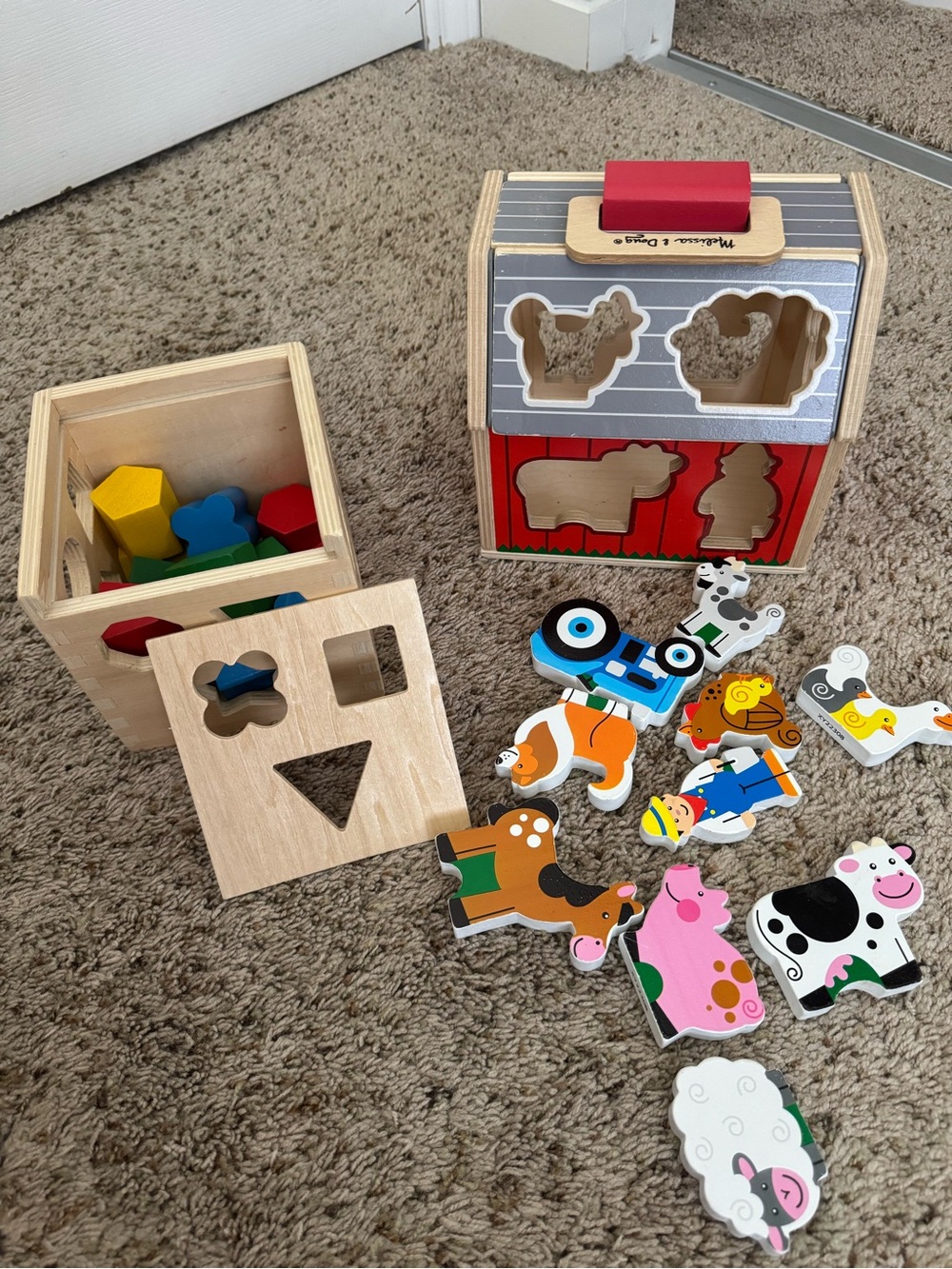 Melissa & Doug Wooden Farm & Shape Sorter Toy Set - Red, Natural, Multicolor